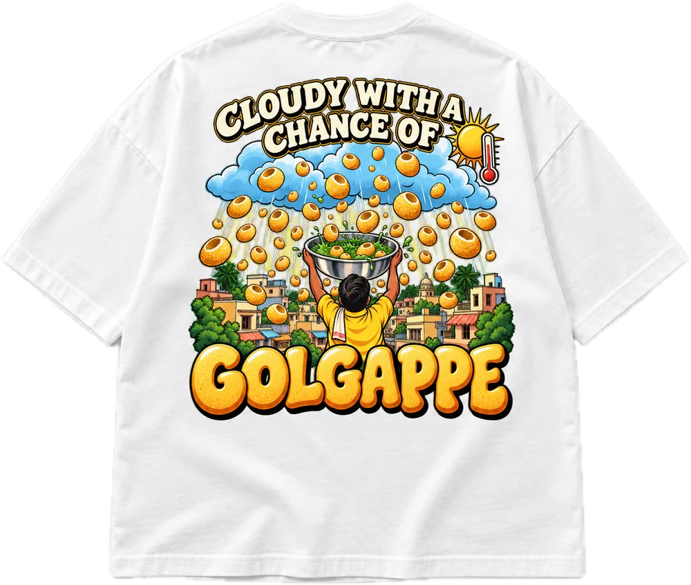 Cloudy With A Chance Of Golgappe Oversized tee in White, front