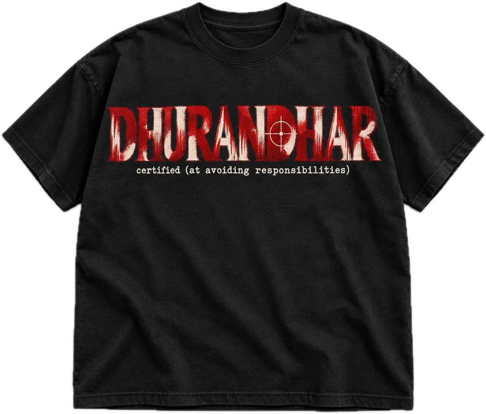 Certified Dhurandhar Oversized tee in Black, front