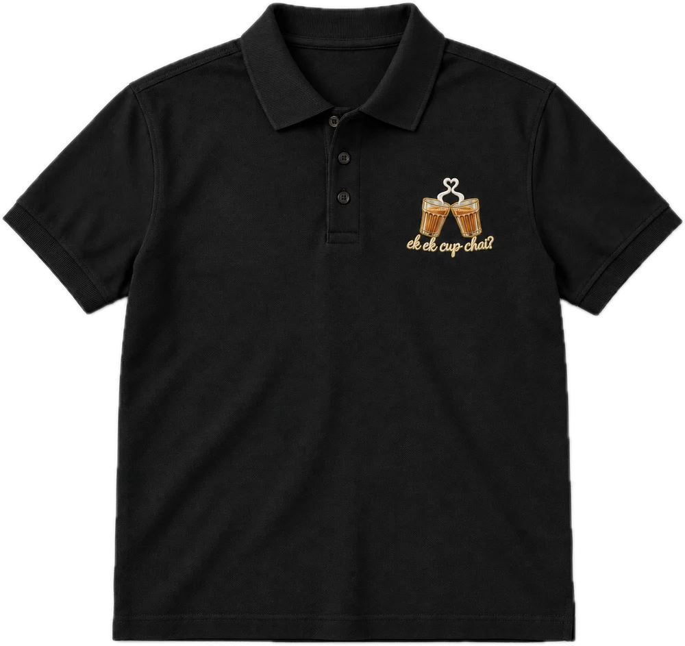 Ek Ek Cup Chai Polo tee in Black, front