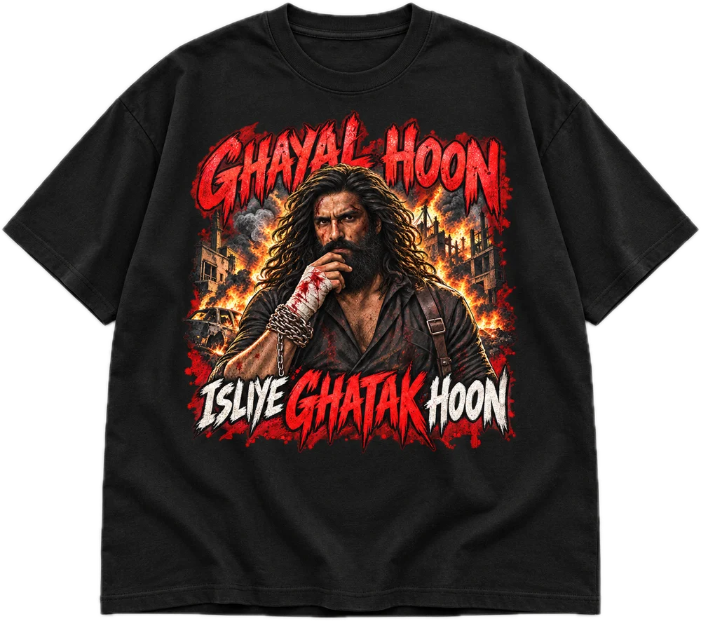 Ghayal Hoon Isliye Ghatak Hoon Oversized tee in Black, front