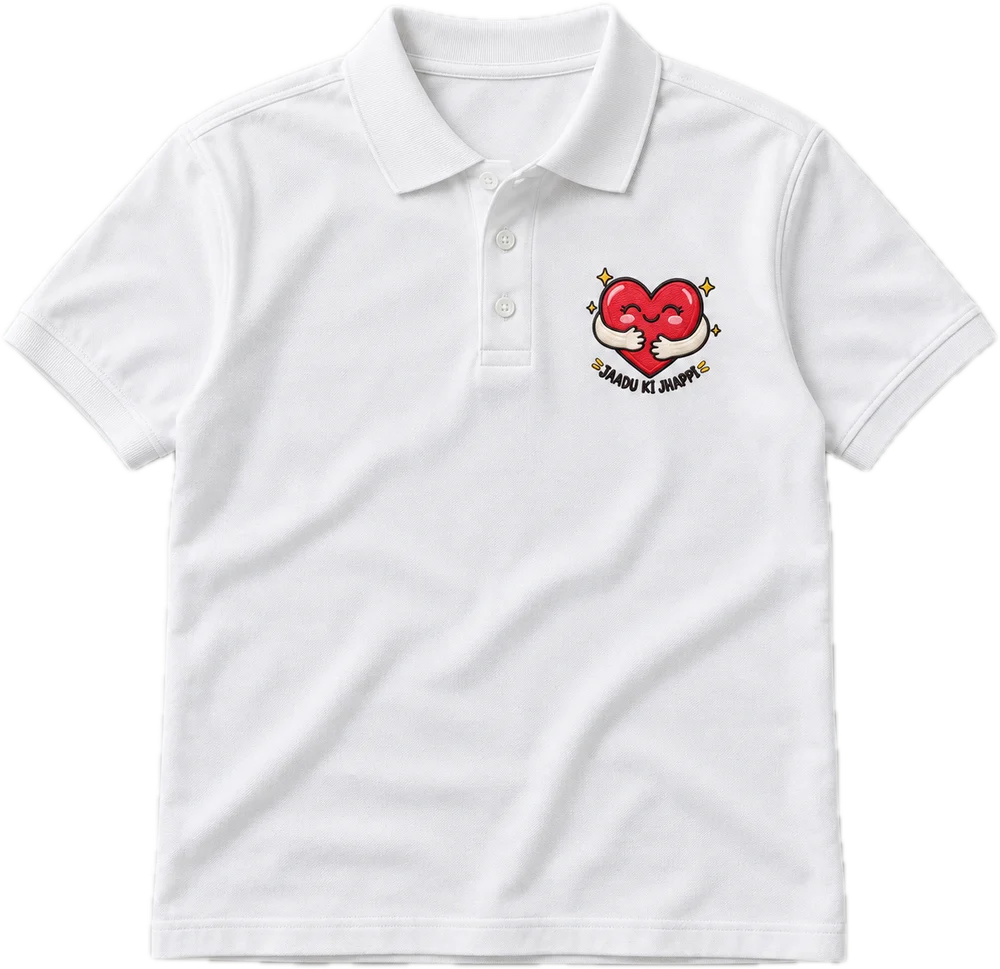 Jaadu Ki Jhappi Polo tee in White, front