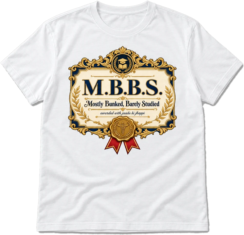 M.B.B.S. (Mostly Bunked) Regular tee in White, front