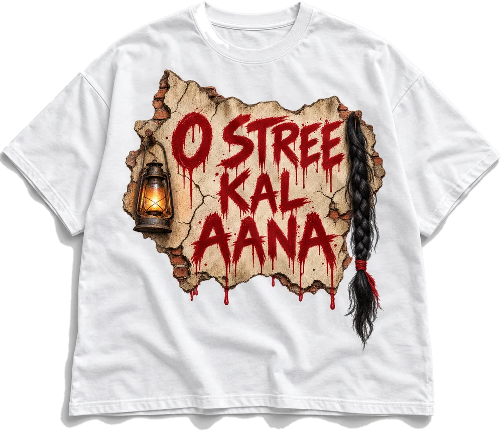 O Stree Kal Aana Oversized tee in White, front