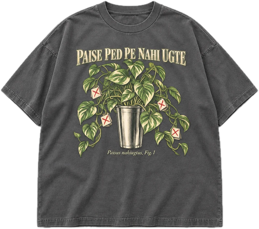 Paise Ped Pe Nahi Ugte Oversized tee in Smokey Grey, front
