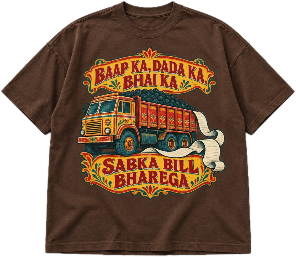 Sabka Bill Bharega Oversized tee in Brown, front