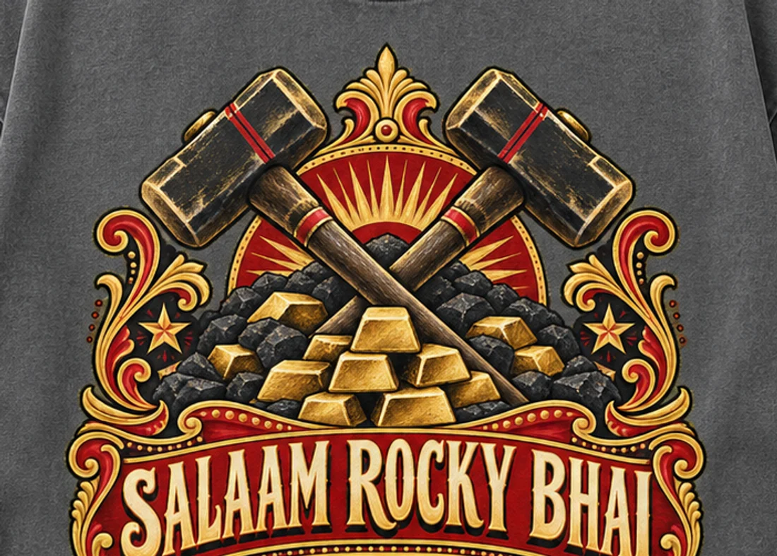 Close-up of the Salaam Rocky Bhai print