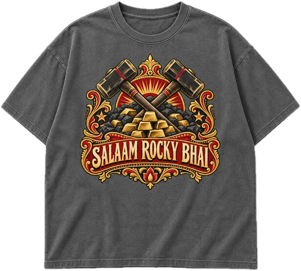 Salaam Rocky Bhai Oversized tee in Smokey Grey, front