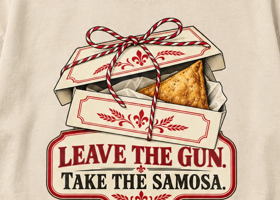 Close-up of the Take The Samosa print
