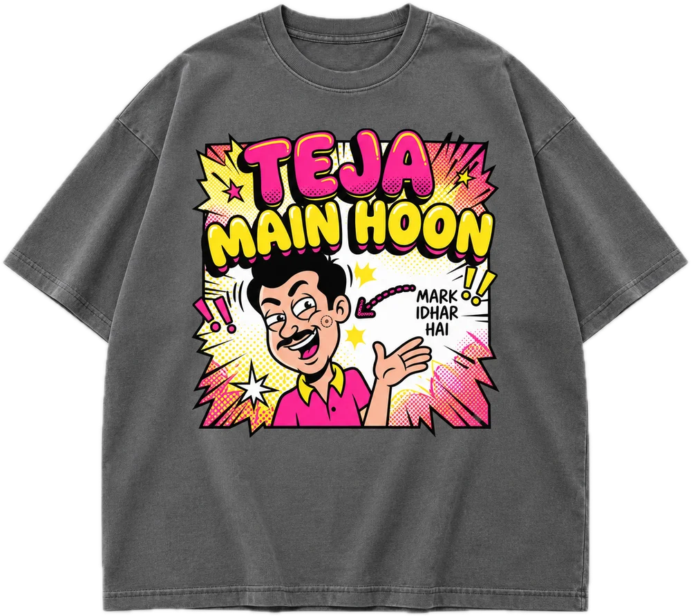 Teja Main Hoon Oversized tee in Smokey Grey, front