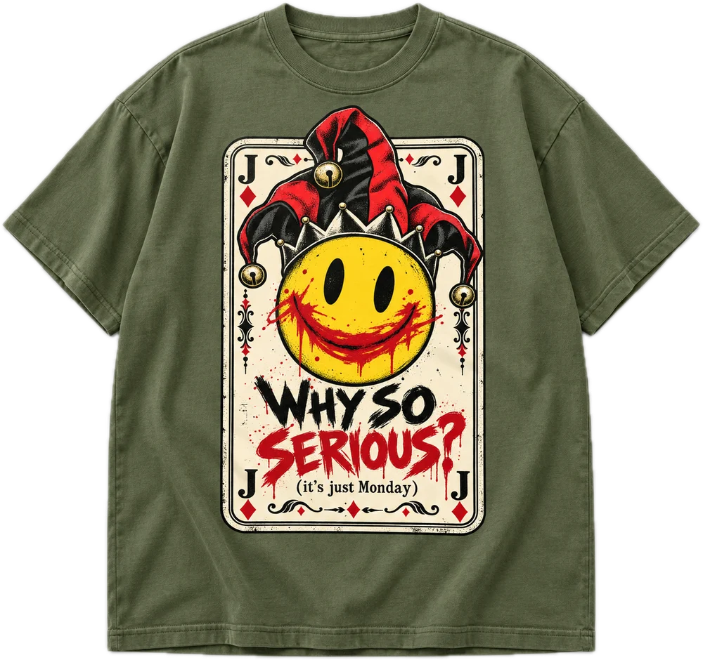 Why So Serious? Oversized tee in Avocado Green, front